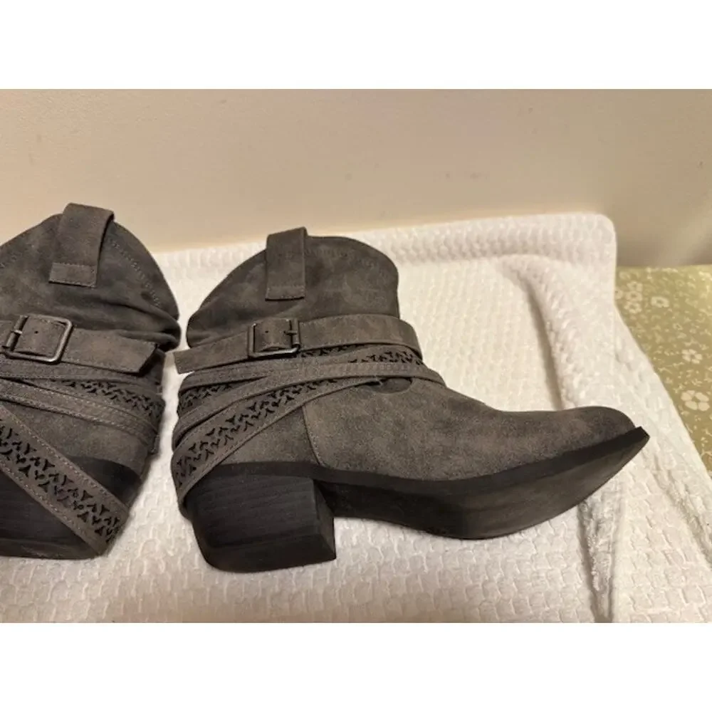Used Not Rated Gray Faux Suede Ruched Booties with Cutout Strap Design 6.5